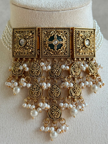 Ayura Designs Samera Choker Set with Earrings & Tikka – Ivory Beads, Pearl Detailing, Green Centre Stone, Floral Motifs & Antique Gold Finish