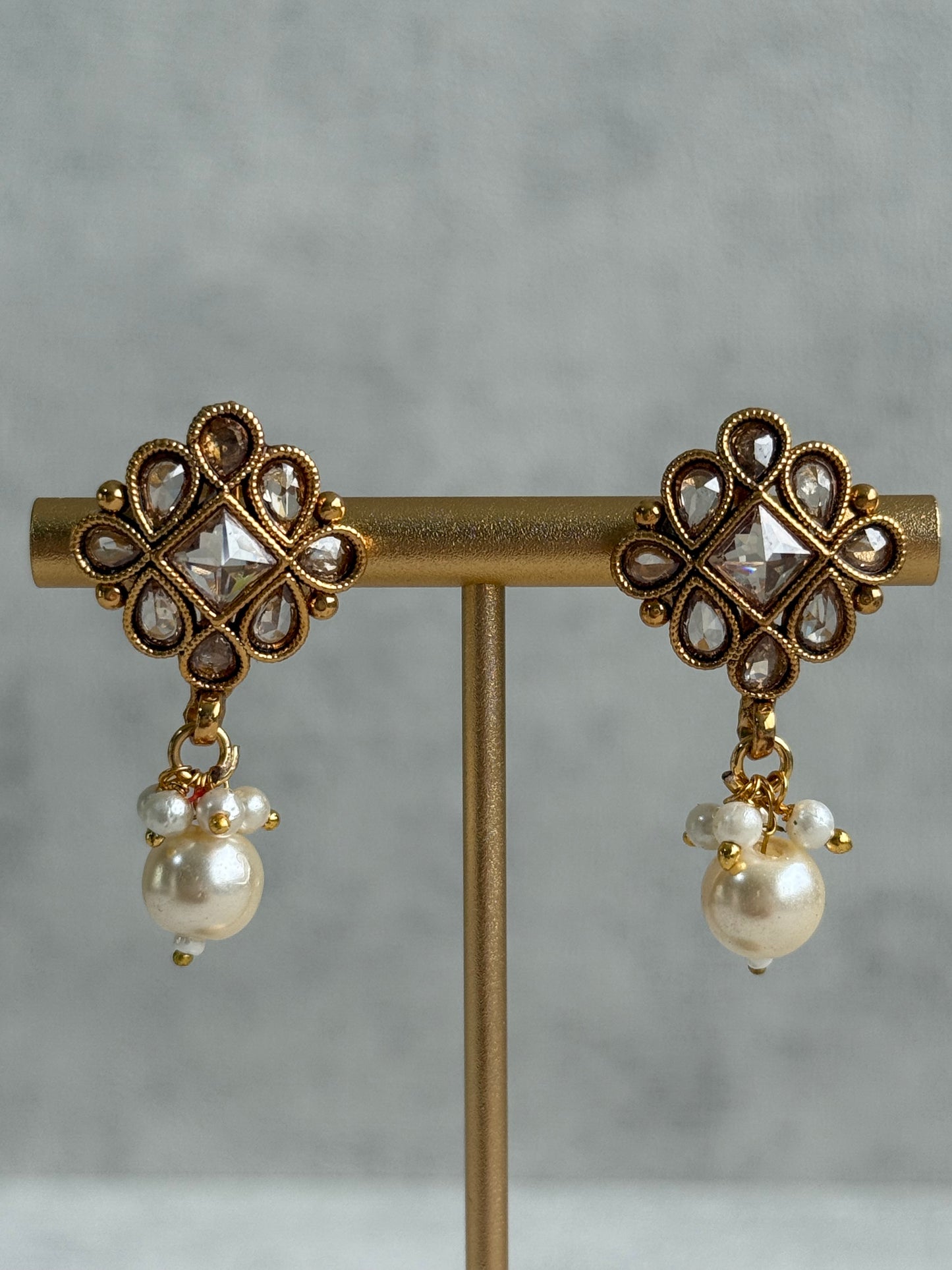 Ayura Designs Hima Set – Necklace, Earrings & Tikka with Mirror-Cut Stones, Pearl Drops & Polished Gold Finish