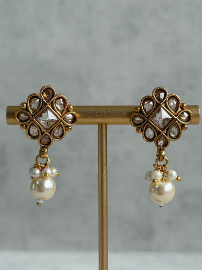 Ayura Designs Hima Set – Necklace, Earrings & Tikka with Mirror-Cut Stones, Pearl Drops & Polished Gold Finish