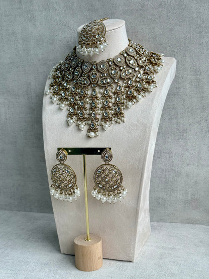 Ayura Designs Tanya Bridal Set with Necklace, Earrings & Tikka – Ivory Pearls, Mirror-Cut Stones & Antique Gold Finish