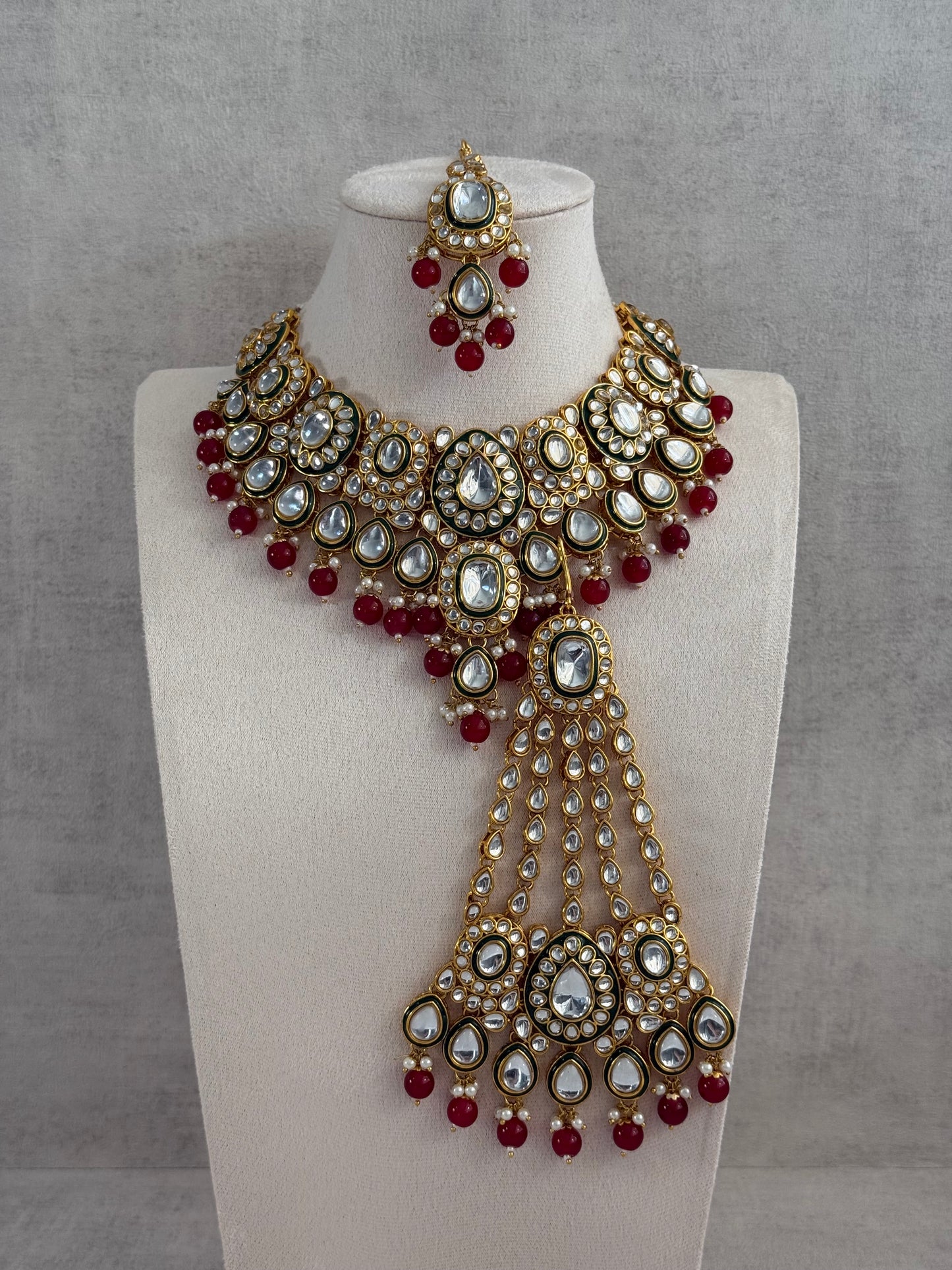 Ayura Designs Jashan Set with Necklace, Earrings, Tikka & Passa – Kundan Detailing, Pearl Drops & Ruby Red Beads