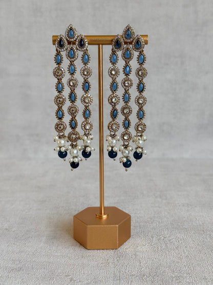 Ayura Designs Emilia Earrings – Gold Triple Strand Statement Earrings with Ink Blue Stones & Pearl Drops