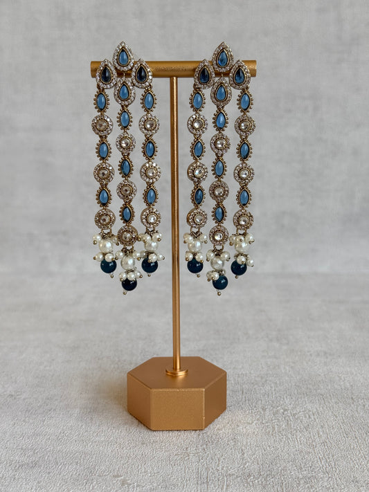 Ayura Designs Emilia Earrings – Gold Triple Strand Statement Earrings with Ink Blue Stones & Pearl Drops