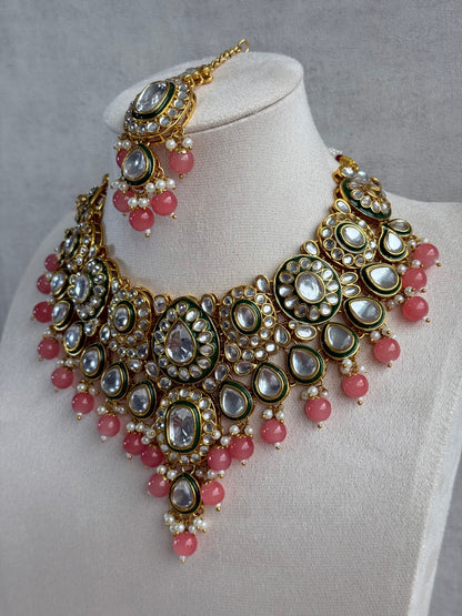 Ayura Designs Jashan Set with Necklace, Earrings, Tikka & Passa – Kundan Detailing, Pearl Drops & Blush Peach Beads