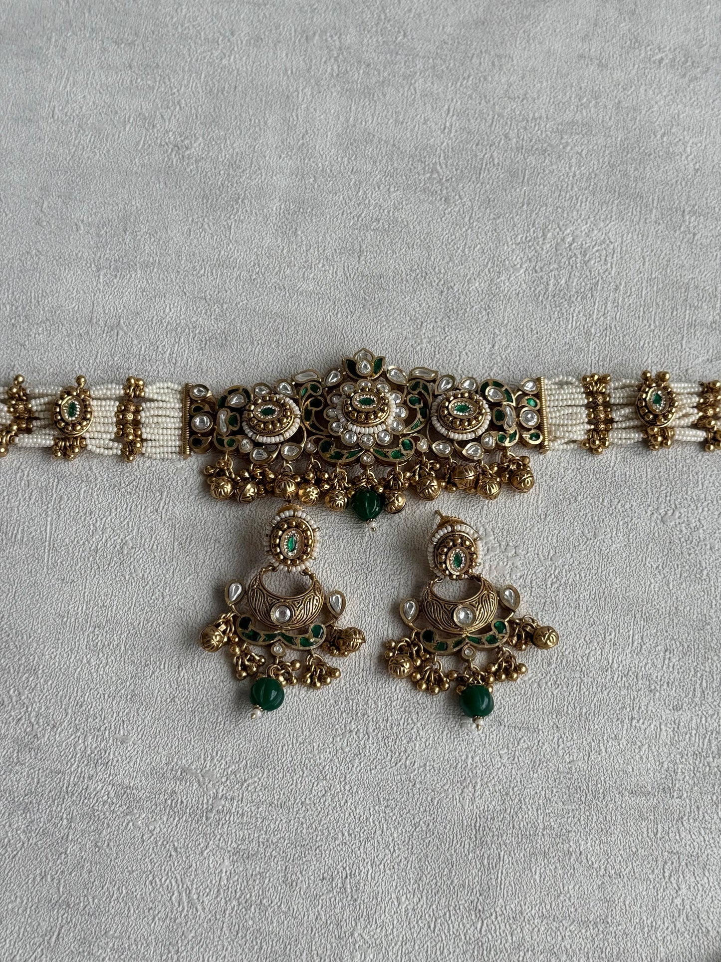 Ayura Designs Sufna Choker Set with Earrings – Emerald Green Stones, Pearl Strands & Kundan Detailing