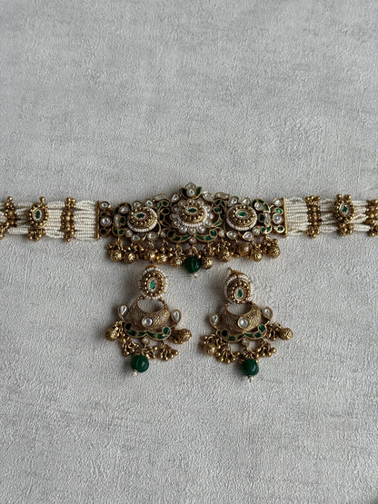 Ayura Designs Sufna Choker Set with Earrings – Emerald Green Stones, Pearl Strands & Kundan Detailing