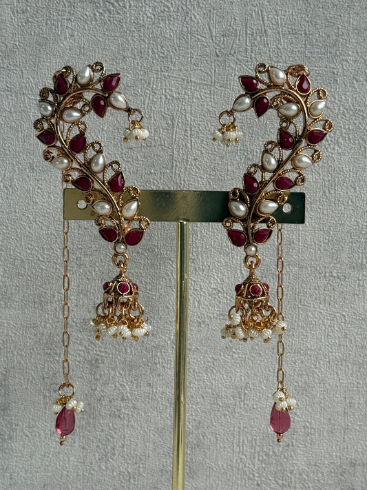 Ayura Designs Mastani Earrings – Gold Ear Climbers with Ruby Stones, Pearls & Jhumki Drops