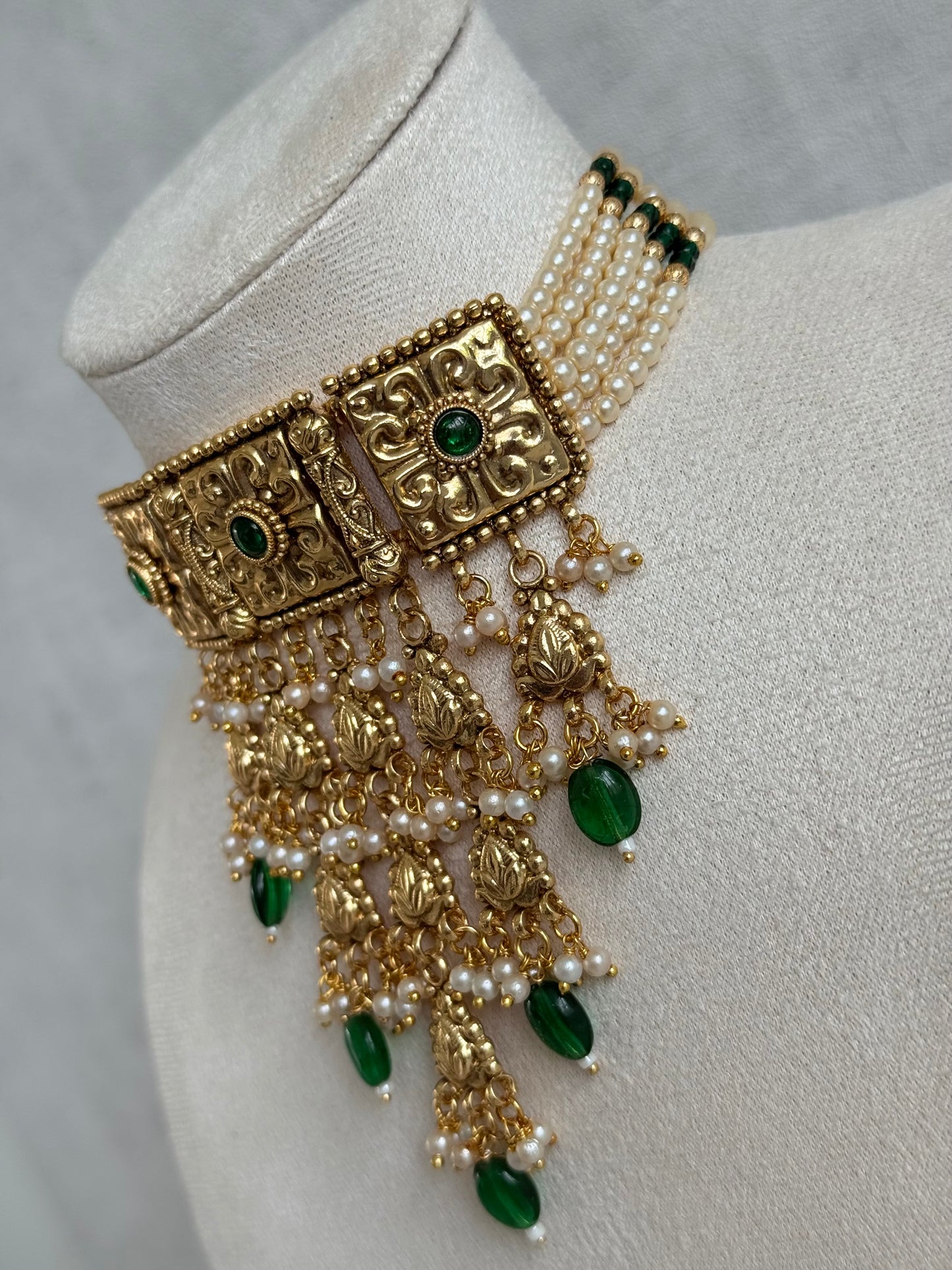 Ayura Designs Nimrah Choker Set with Earrings & Tikka – Emerald Green Gold Tone Waterfall Jewellery Set
