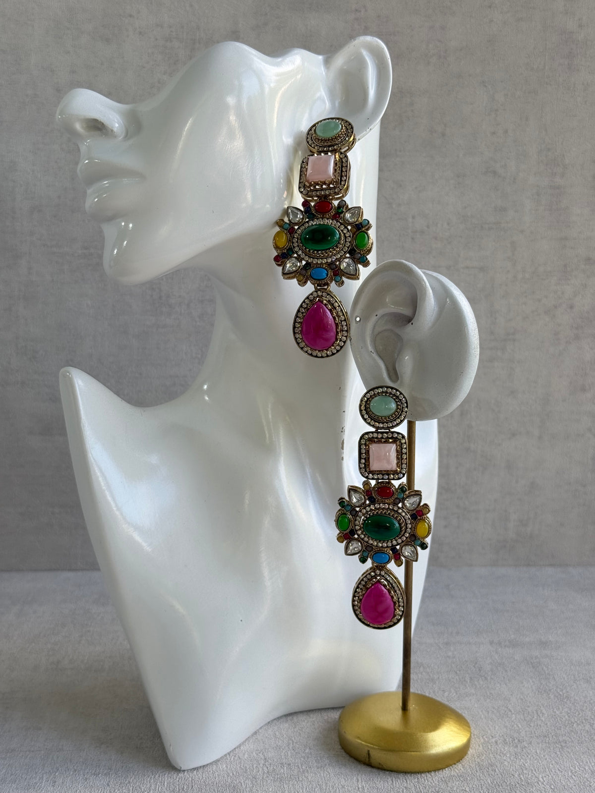 Ayura Designs Jeenat Earrings – Multicolour Stones, Crystal Detailing & Rani Pink Teardrops