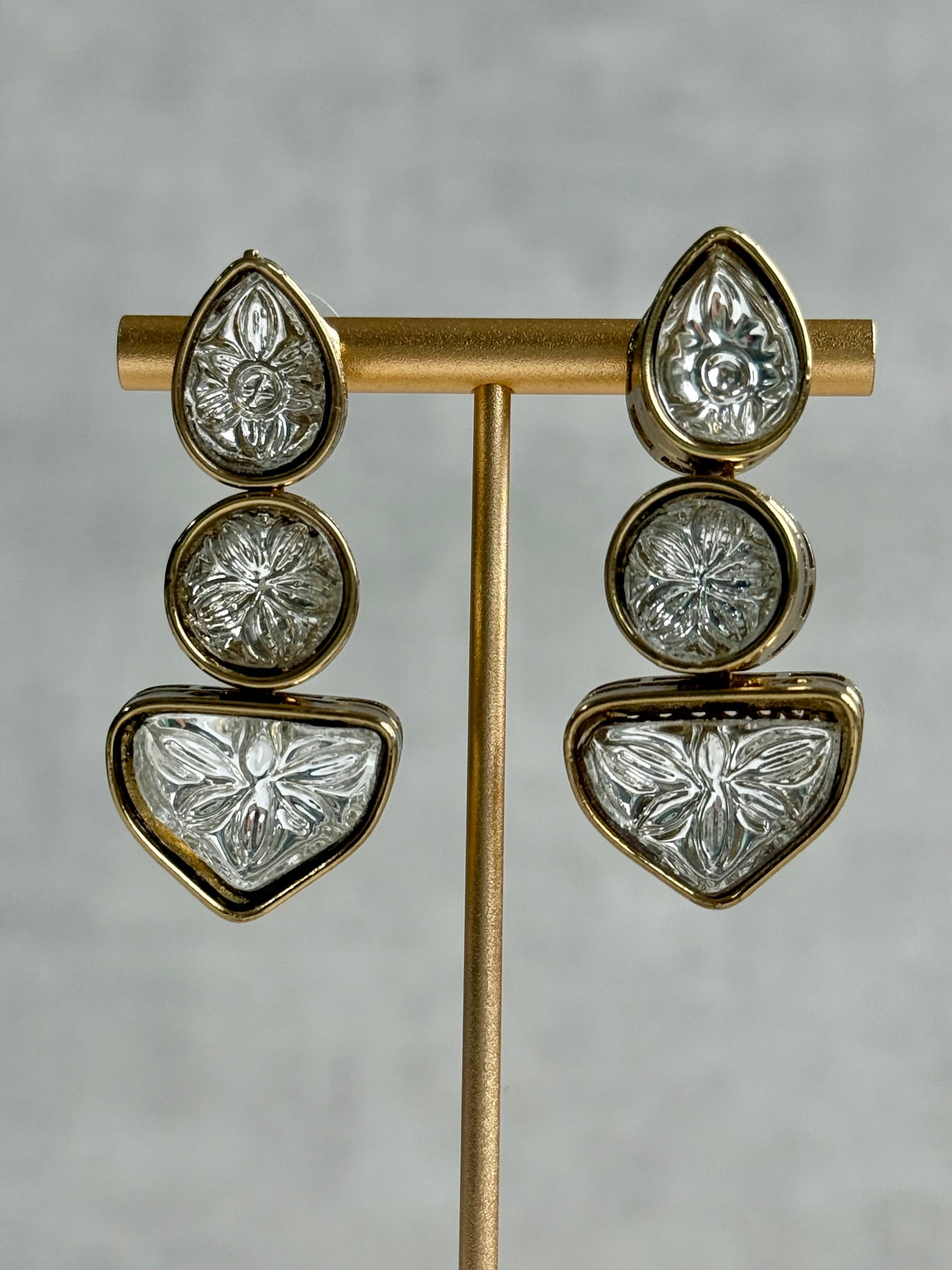 Ayura Designs Zella Earrings – Carved Crystal with Gold Frame Detailing