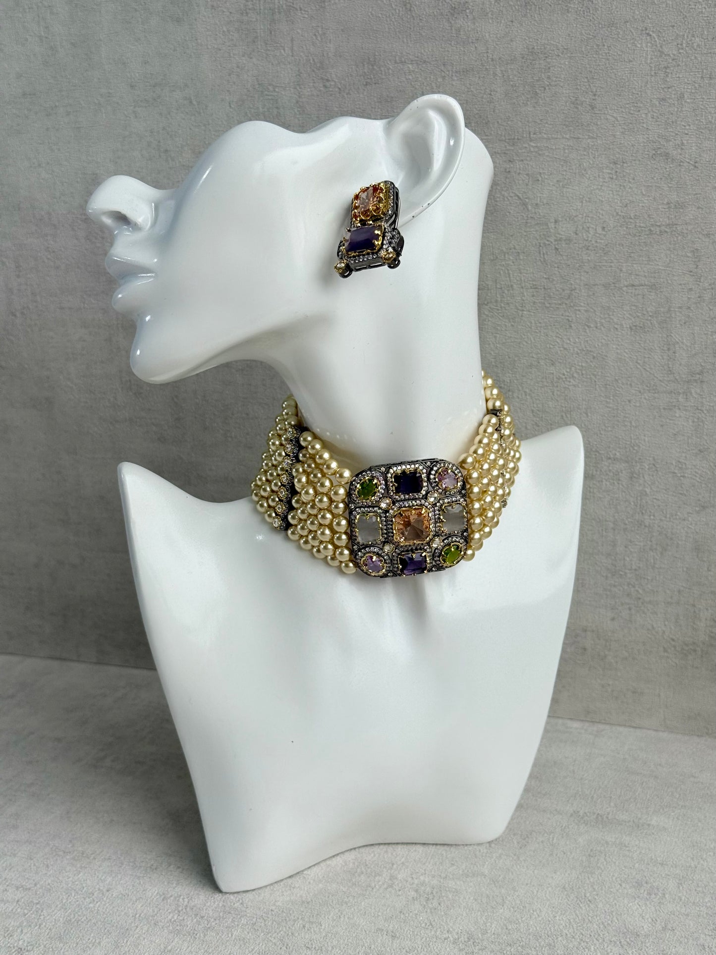 Ayura Designs Amelia Choker Set with Earrings – Moissanite Stonework with Layered Pearls in Antique Silver Finish (Soft Pastel Mix)