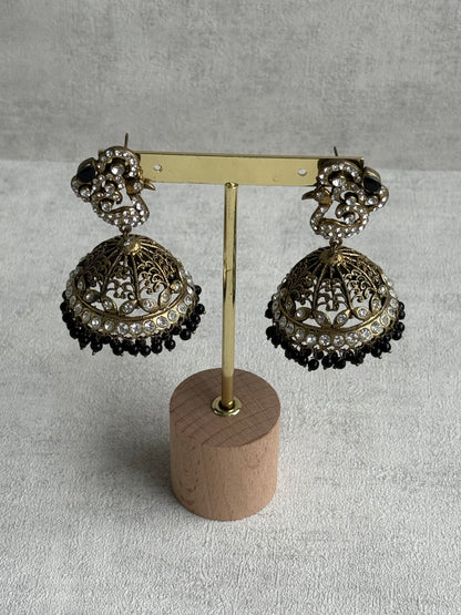 Ayura Designs Mayurika Jhumkis – Antique Gold Jhumkis with Crystal Stones, Black Beads & Peacock Motif