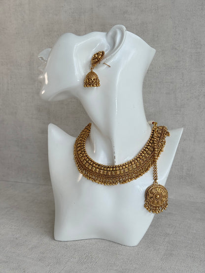 Ayura Designs Iksirat Necklace Set with Jhumkis & Tikka – Gold Heritage Design with Ghungroo Detailing