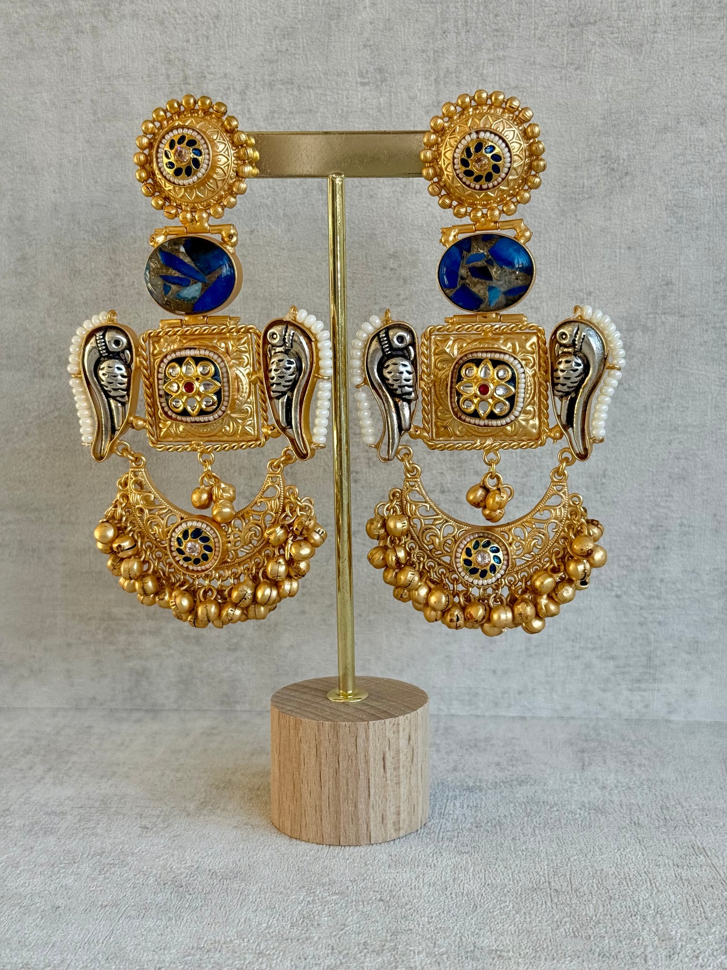 Ayura Designs Soha Earrings – Antique Gold with Midnight Blue Stone & Oxidised Parrots