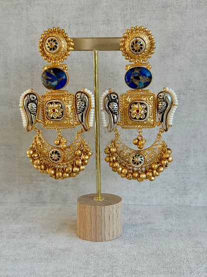 Ayura Designs Soha Earrings – Antique Gold with Midnight Blue Stone & Oxidised Parrots