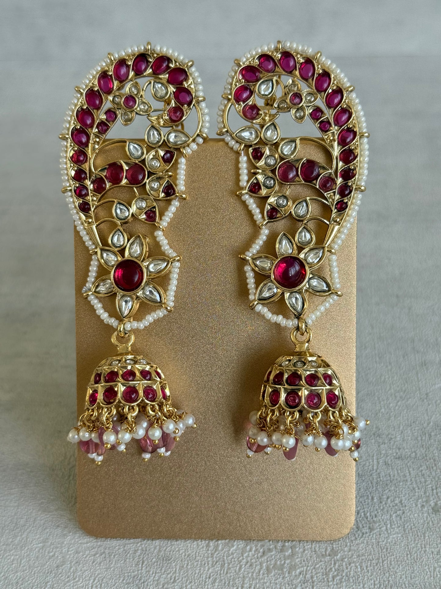 Ayura Designs Urisha Ear Climber Jhumkis – Ruby Pink, Kundan & Pearl Detailing
