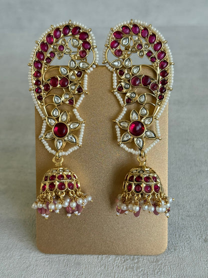 Ayura Designs Urisha Ear Climber Jhumkis – Ruby Pink, Kundan & Pearl Detailing