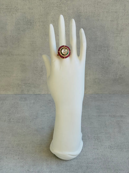 Ayura Designs Roselle Adjustable Ring – Moissanite Centre with Crystal Border & Rani Pink Beads