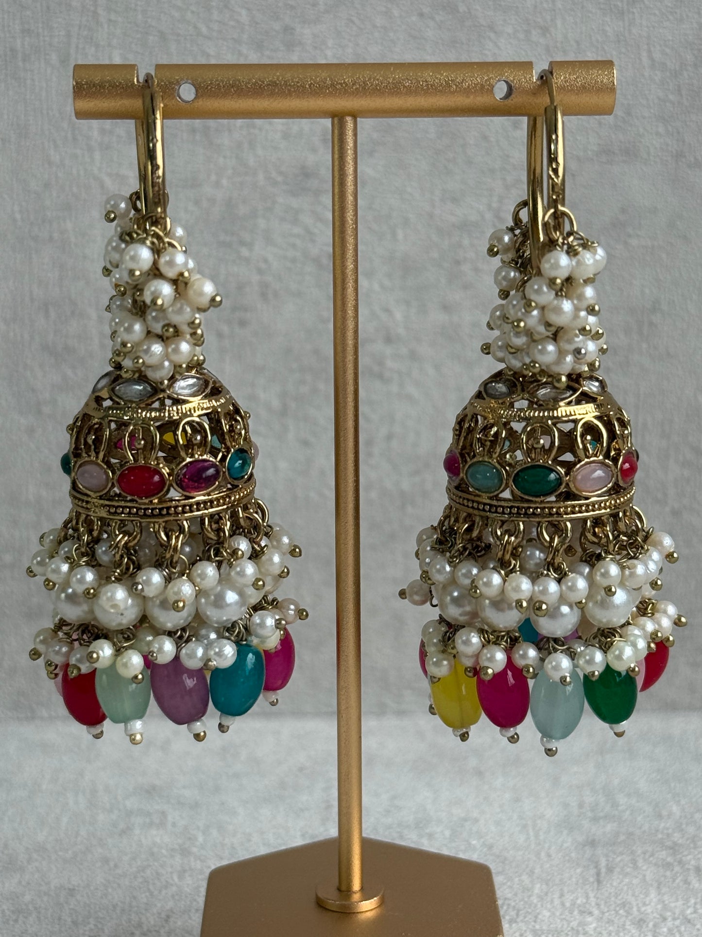 Ayura Designs Jugni Jhumkis – Antique Gold Balis with Multicolour Beads & Pearl Clusters