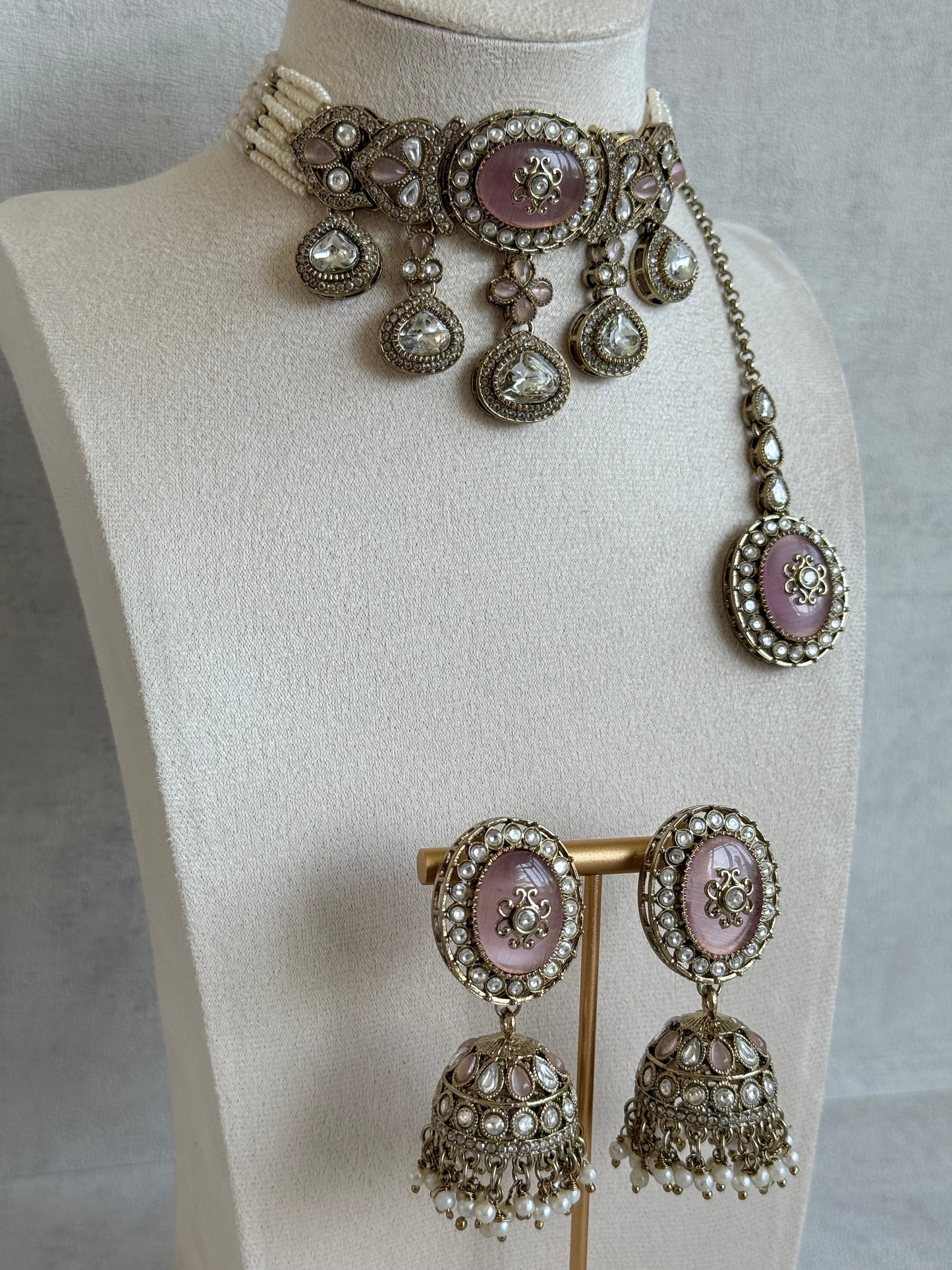 Ayura Designs Myra Choker Set with Earrings & Tikka – Blush Pink Kundan & Pearl Detailing