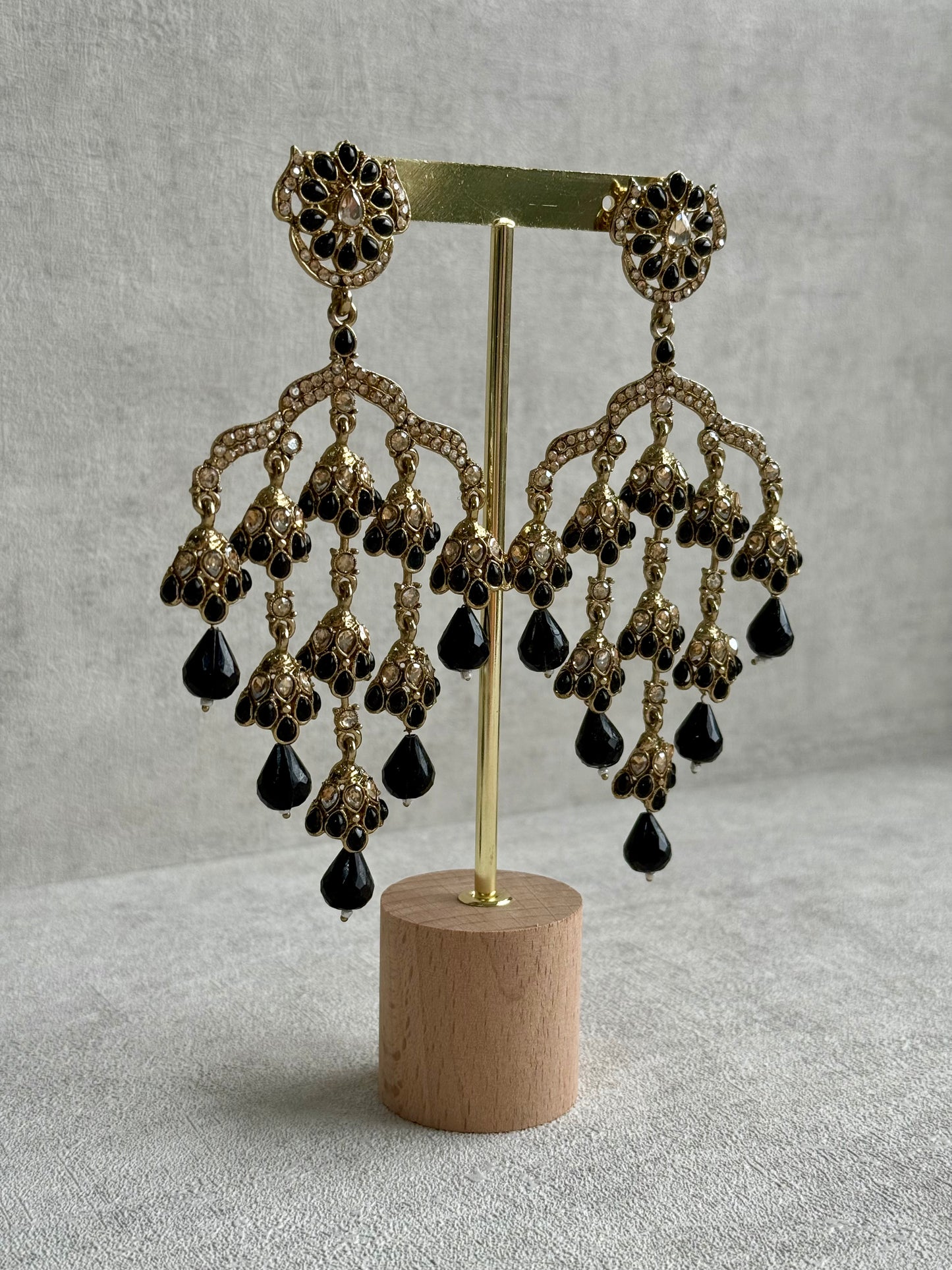 Ayura Designs Jasmine Earrings – Black Chandelier Earrings with Antique Gold Detailing & Tiered Drops