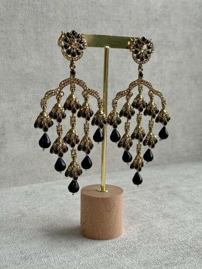 Ayura Designs Jasmine Earrings – Black Chandelier Earrings with Antique Gold Detailing & Tiered Drops