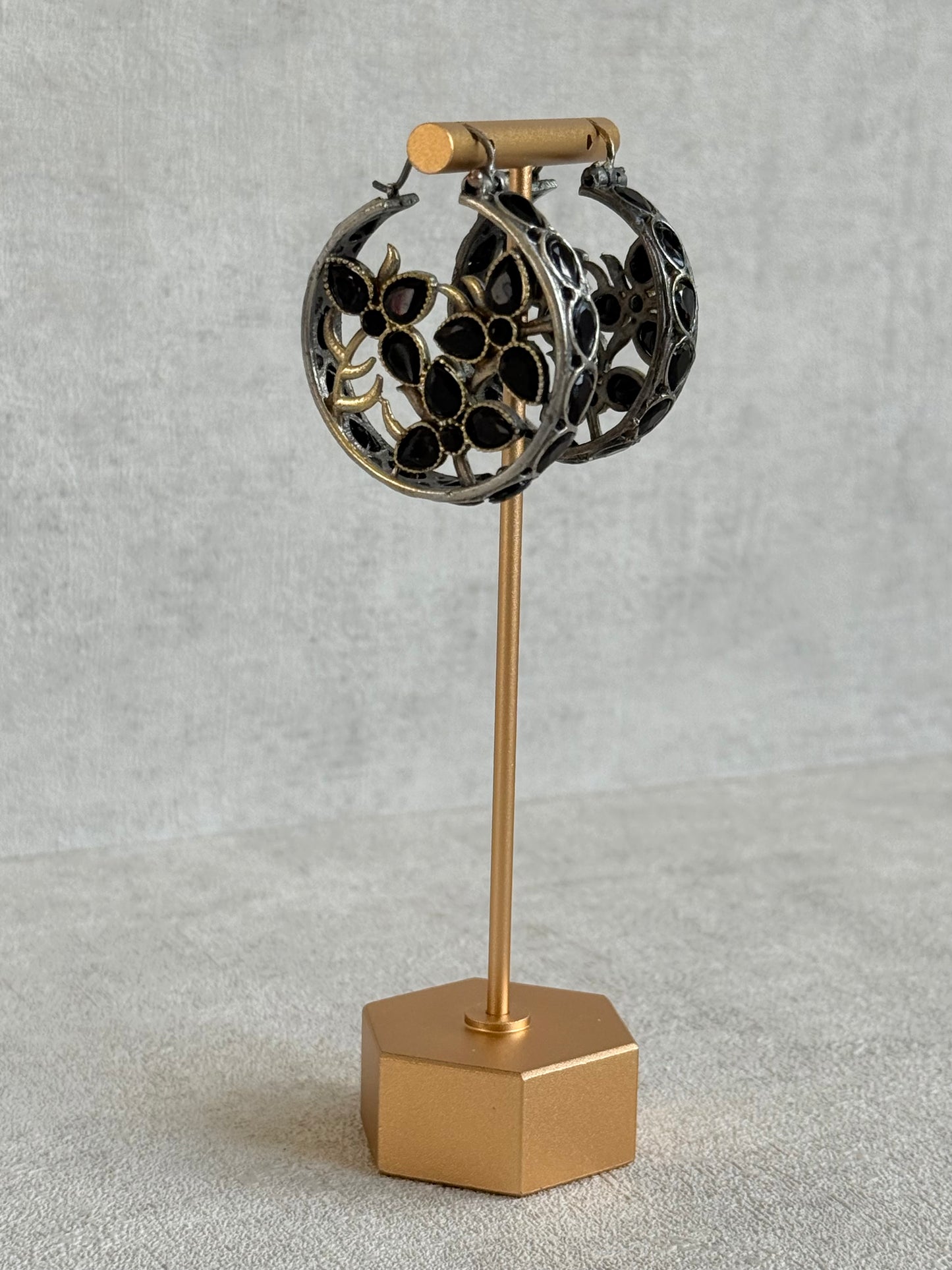 Ayura Designs Nureh Earrings – Dual Tone Floral Hoop Earrings with Black Stones & Cutwork Detailing