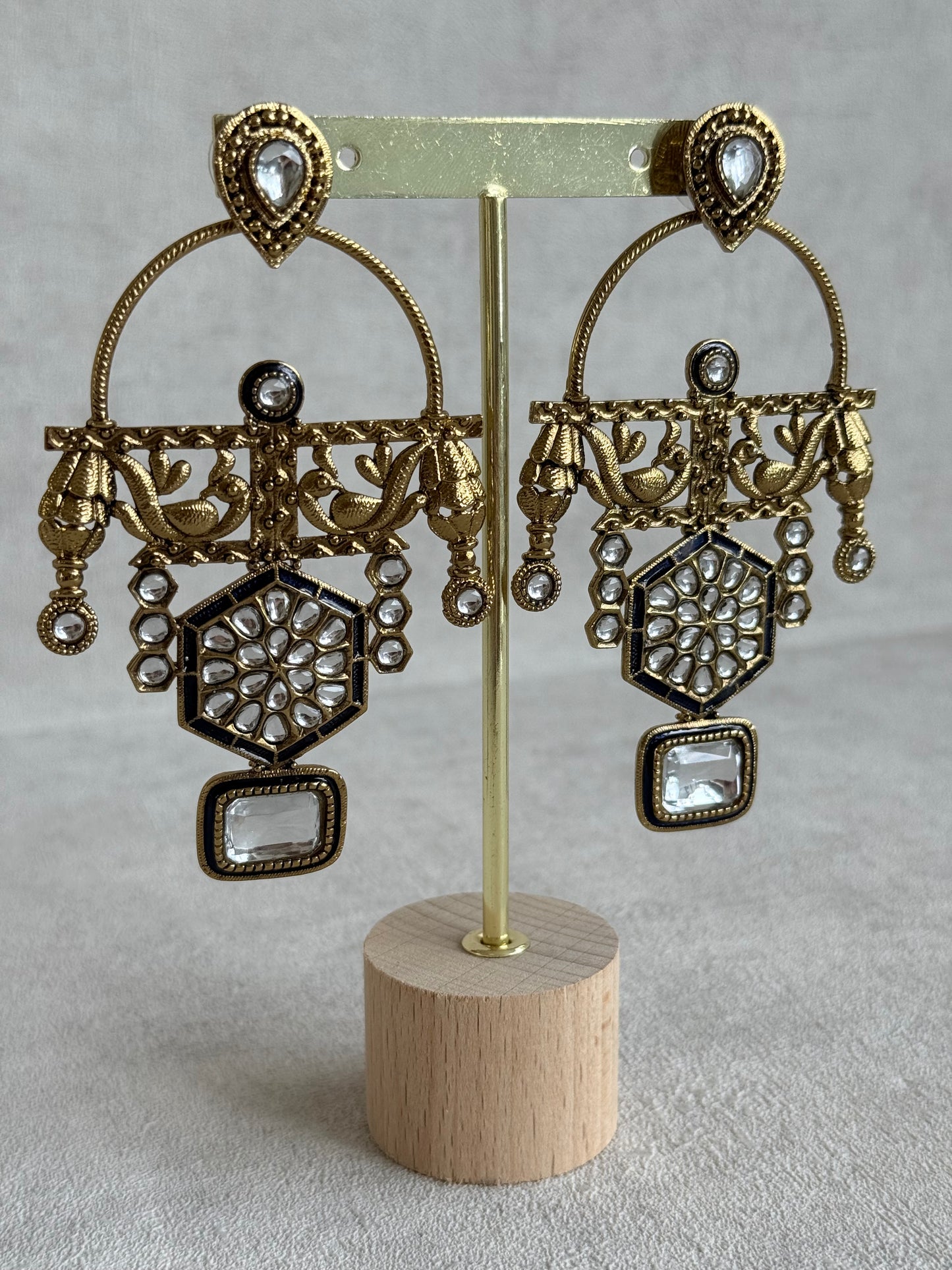 Ayura Designs Irene Earrings – Navy Blue Kundan, Meenakari & Crystal Peacock Chandeliers in Gold