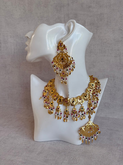 Ayura Designs Baisakhi Set with Earrings & Tikka – Gold Pipal Patti Design with Ruby Pink, Emerald Green & Pearl Detailing