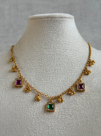 Ayura Designs Smita Set with Necklace & Earrings – Ruby Pink & Emerald Green Stones with Gold-Tone Ghungroo Detailing