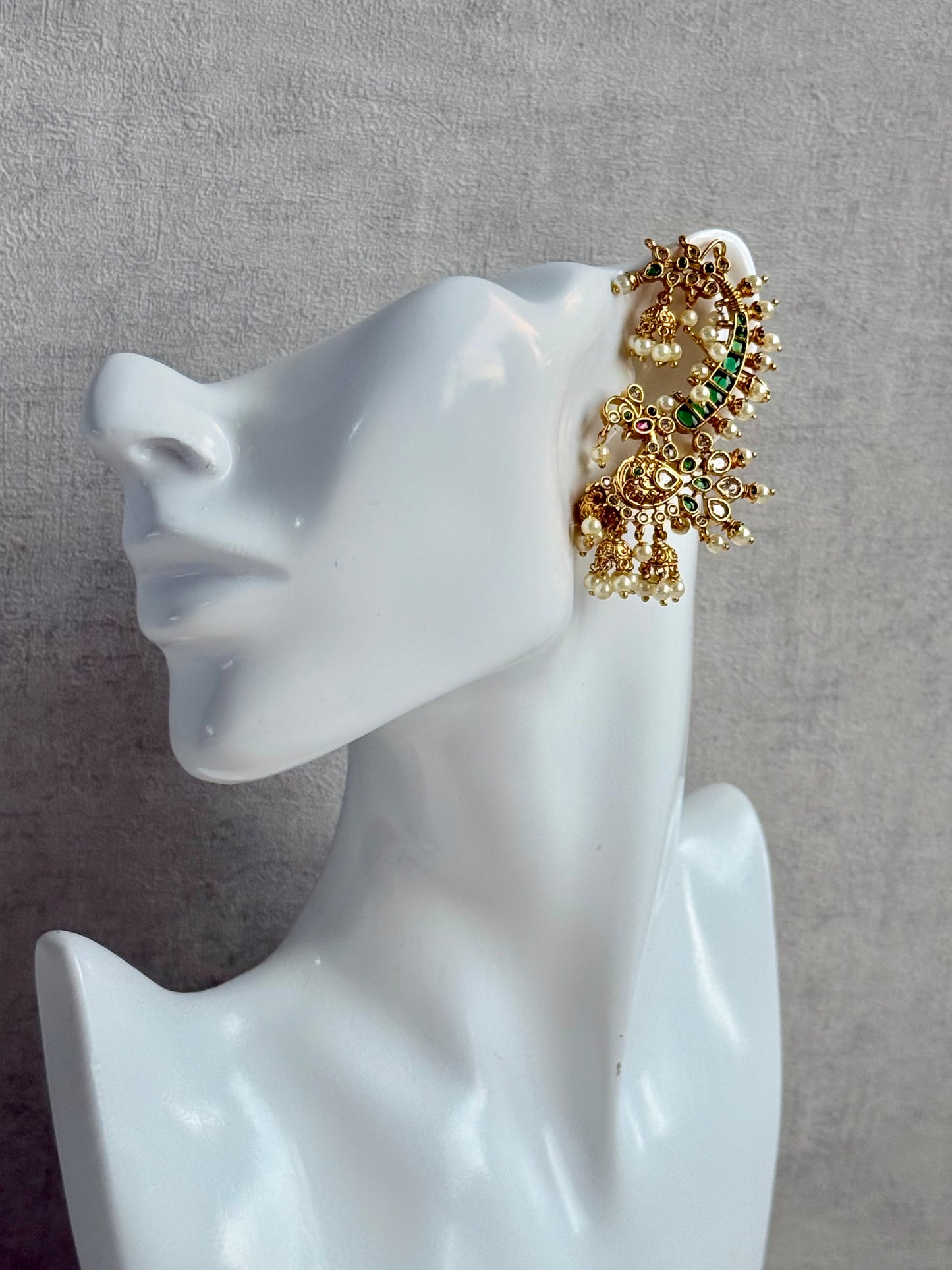 Ayura Designs Megha Half Ear Cuffs – Gold Peacock Motif with Crystal Stones, Emerald & Pink Accents and Pearl Jhumka Drops
