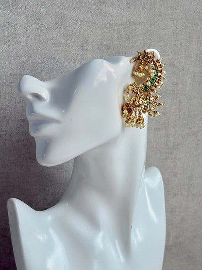 Ayura Designs Megha Half Ear Cuffs – Gold Peacock Motif with Crystal Stones, Emerald & Pink Accents and Pearl Jhumka Drops