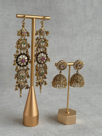 Ayura Designs Sabina Jhumkis with Detachable Sahare – Multicolour Kundan & Antique Gold Finish