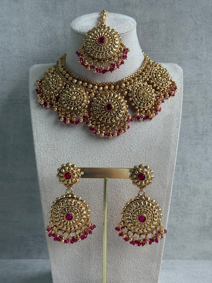 Ayura Designs Rummy Set – Statement Necklace, Earrings & Tikka with Rani Pink Beads and Polished Gold Finish