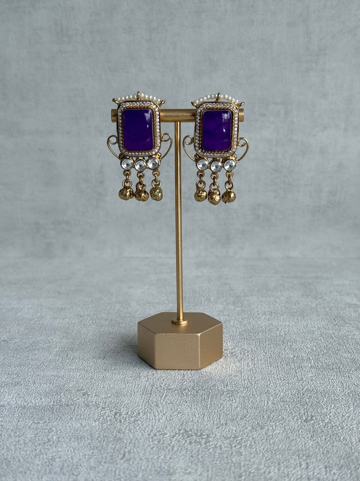 Ayura Designs Aleena Earrings – Royal Purple Stone Stud Earrings with Pearls & Ghungroo Detailing