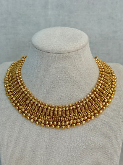 Ayura Designs Lavanya Set with Necklace & Earrings – Matte Antique Gold Beaded Design