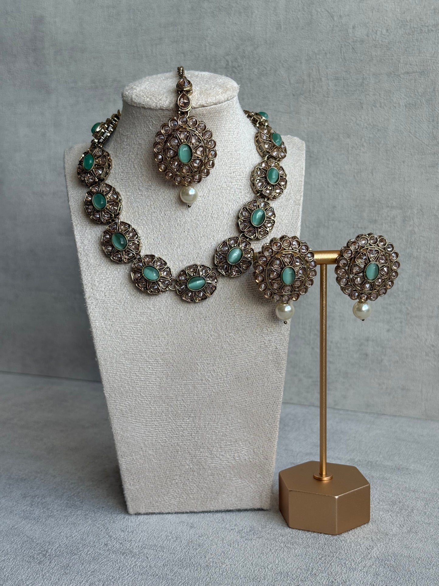 Ayura Designs Sania Set with Necklace, Earrings & Tikka – Mint Oval Stones, Kundan Detailing & Antique Gold Finish