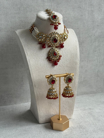 Ayura Designs Muskaan Set – Choker, Jhumkis & Tikka with Ruby Red Beads, Kundan Stones & Antique Gold Finish