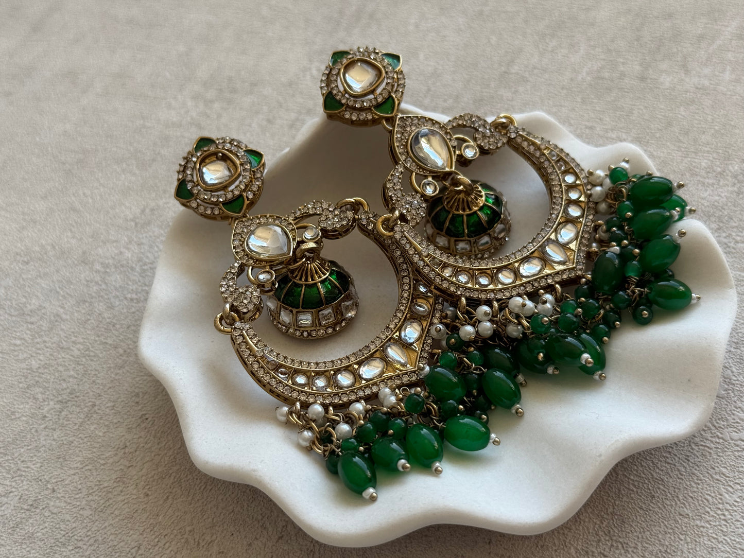 Ayura Designs Reha Earrings – Statement Chandbalis with Emerald Green Beads, Pearls & Mirror-Cut Stones