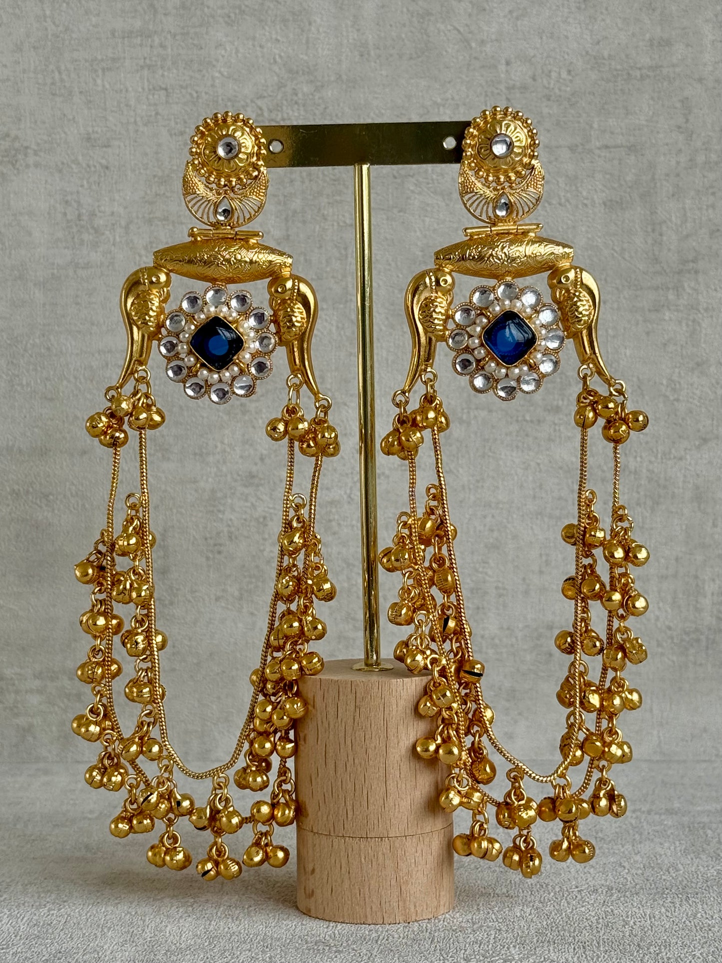 Ayura Designs Meelan Earrings – Antique Gold Earrings with Bird Motifs, Navy Stone & Ghungroo Detailing