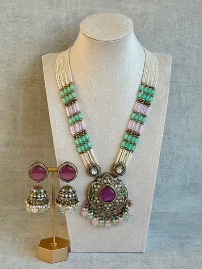 Ayura Designs Brielle Set – Necklace & Jhumkis with Mirror-Cut Stones in Berry Pink, Mint Green & Ivory