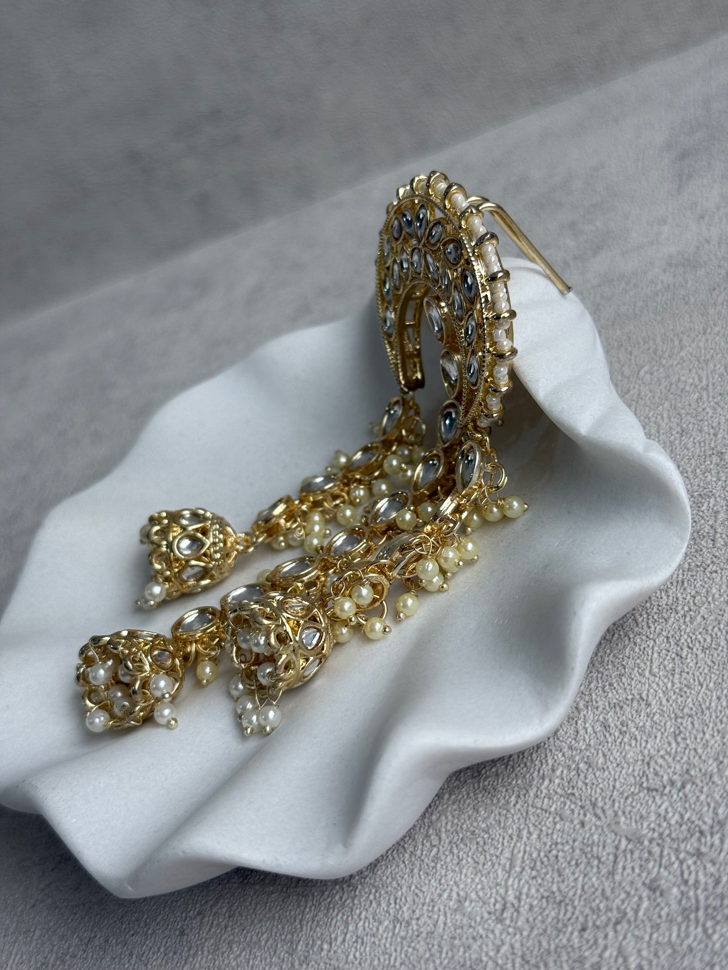 Ayura Designs Enjal Hair Brooch – Crescent Polki Design with Jhumki Tassels & Pearl Detailing