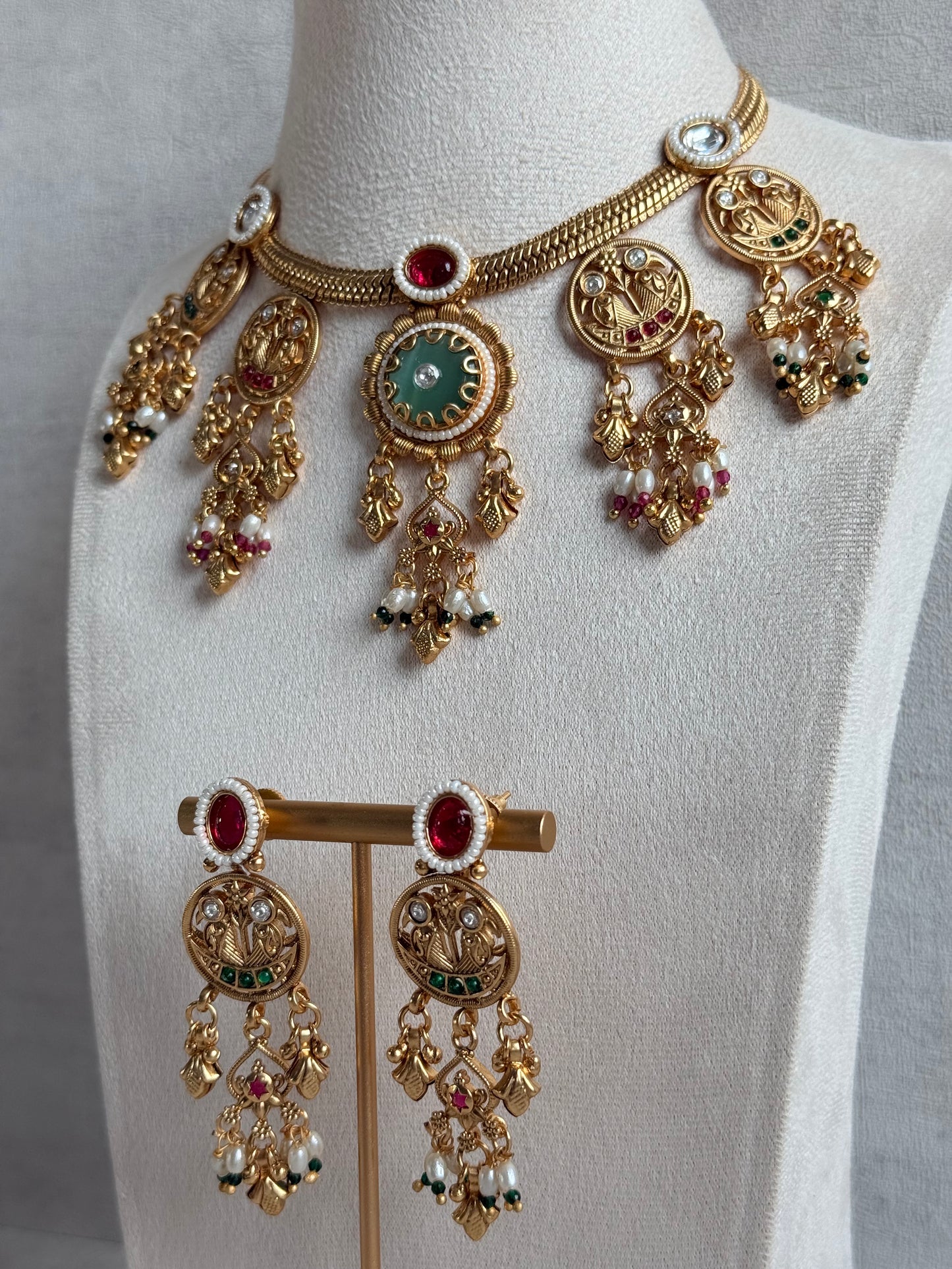Ayura Designs Parchhai Necklace Set with Earrings – Mint Green, Ruby Red & Emerald Green Stones, Bird Motifs & Pearl Detailing