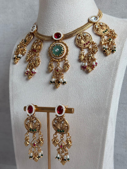 Ayura Designs Parchhai Necklace Set with Earrings – Mint Green, Ruby Red & Emerald Green Stones, Bird Motifs & Pearl Detailing