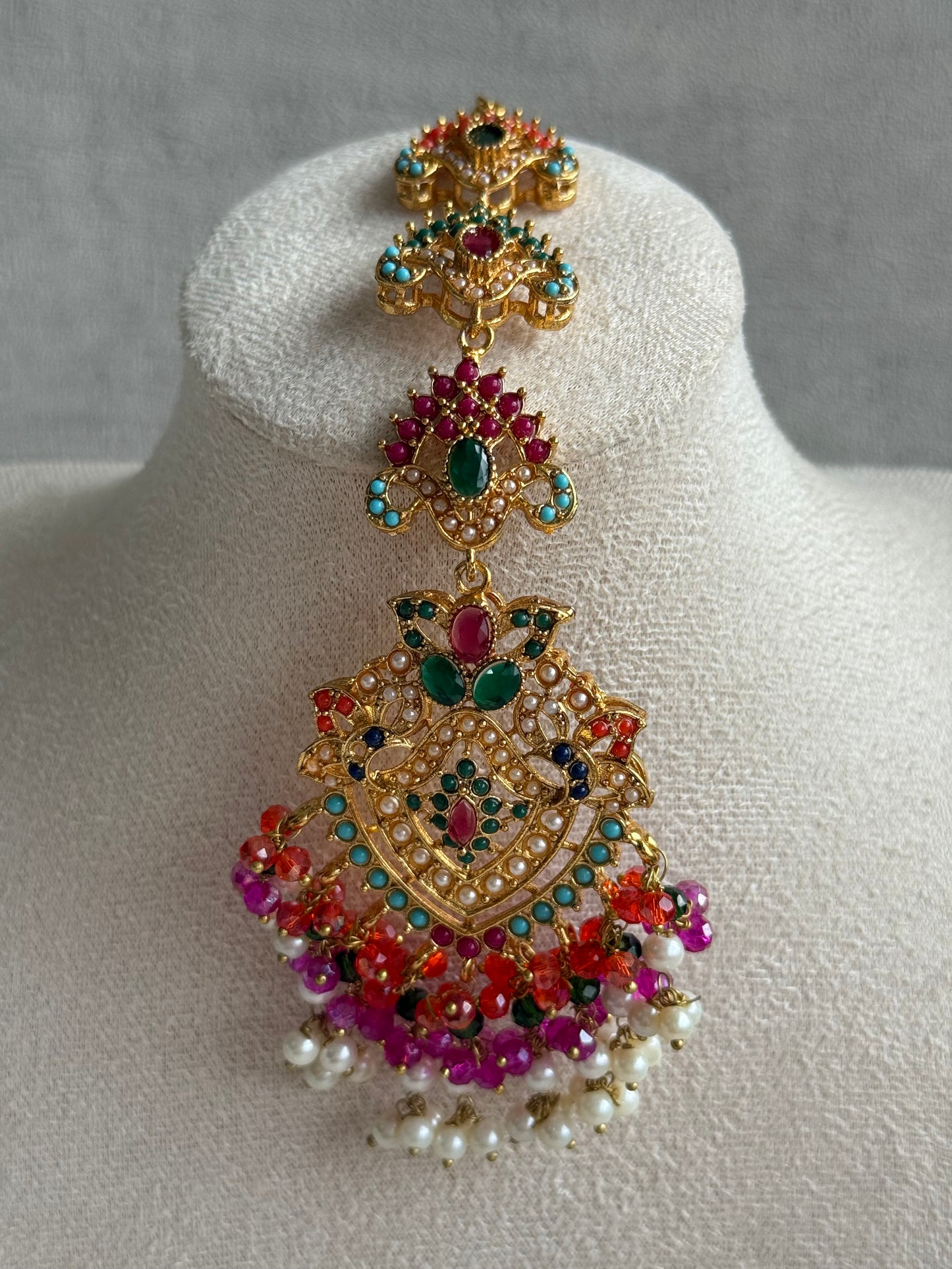 Ayura Designs Safia Tikka Set with Sahare Earrings – Multicolour (Orange, Pink & Ivory Beads)