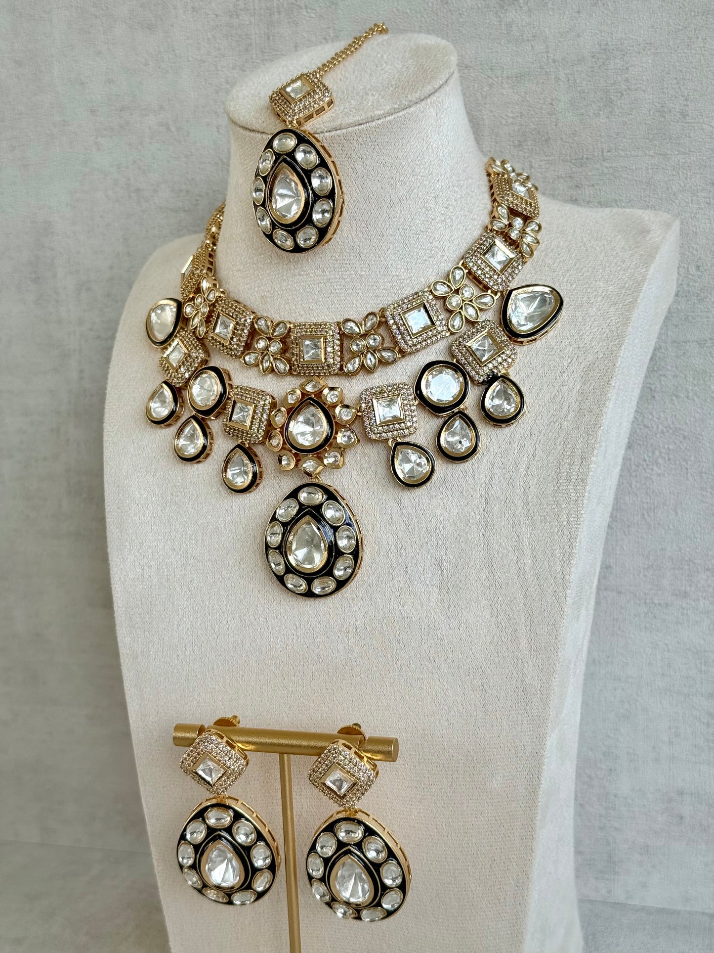 Ayura Designs Avani Set with Earrings & Tikka – Mirror-Cut Stones with Deep Blue Enamel Detailing & Crystal Borders