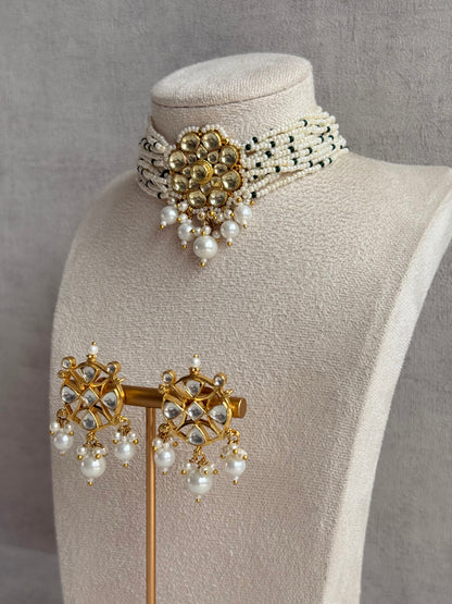 Ayura Designs Saaz Kundan Choker Set with Earrings & Pearl Multi Strand Detailing