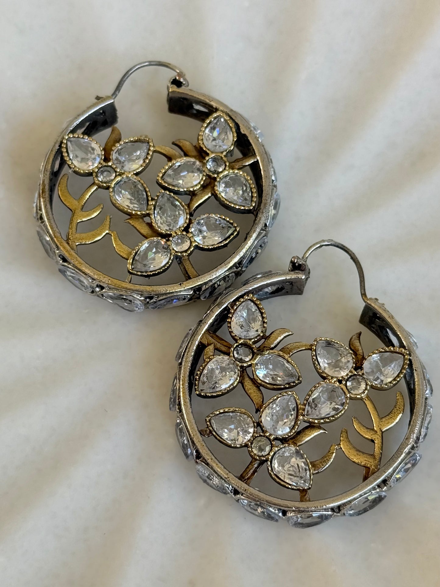Ayura Designs Nureh Earrings – Dual Tone Floral Hoop Earrings with Crystal Stones & Cutwork Detailing