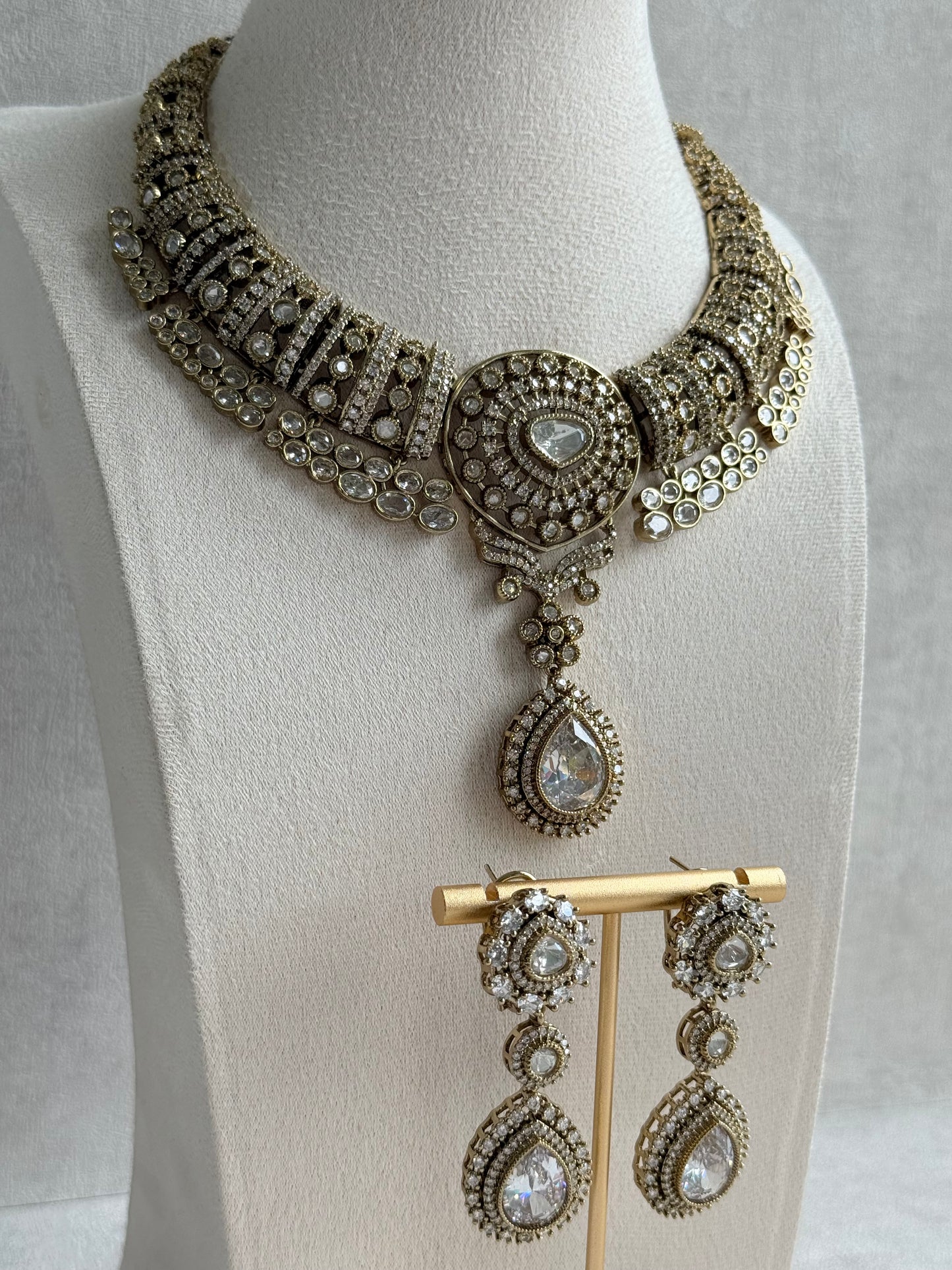 Ayura Designs Ahana Necklace Set with Earrings – Crystal Teardrop Stones & Moissanite Detailing