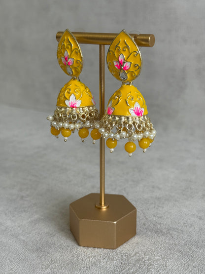 Ayura Designs Gia Jhumkis – Mustard Yellow Meenakari with Pink Lotus Motifs & Ivory Pearl Drops